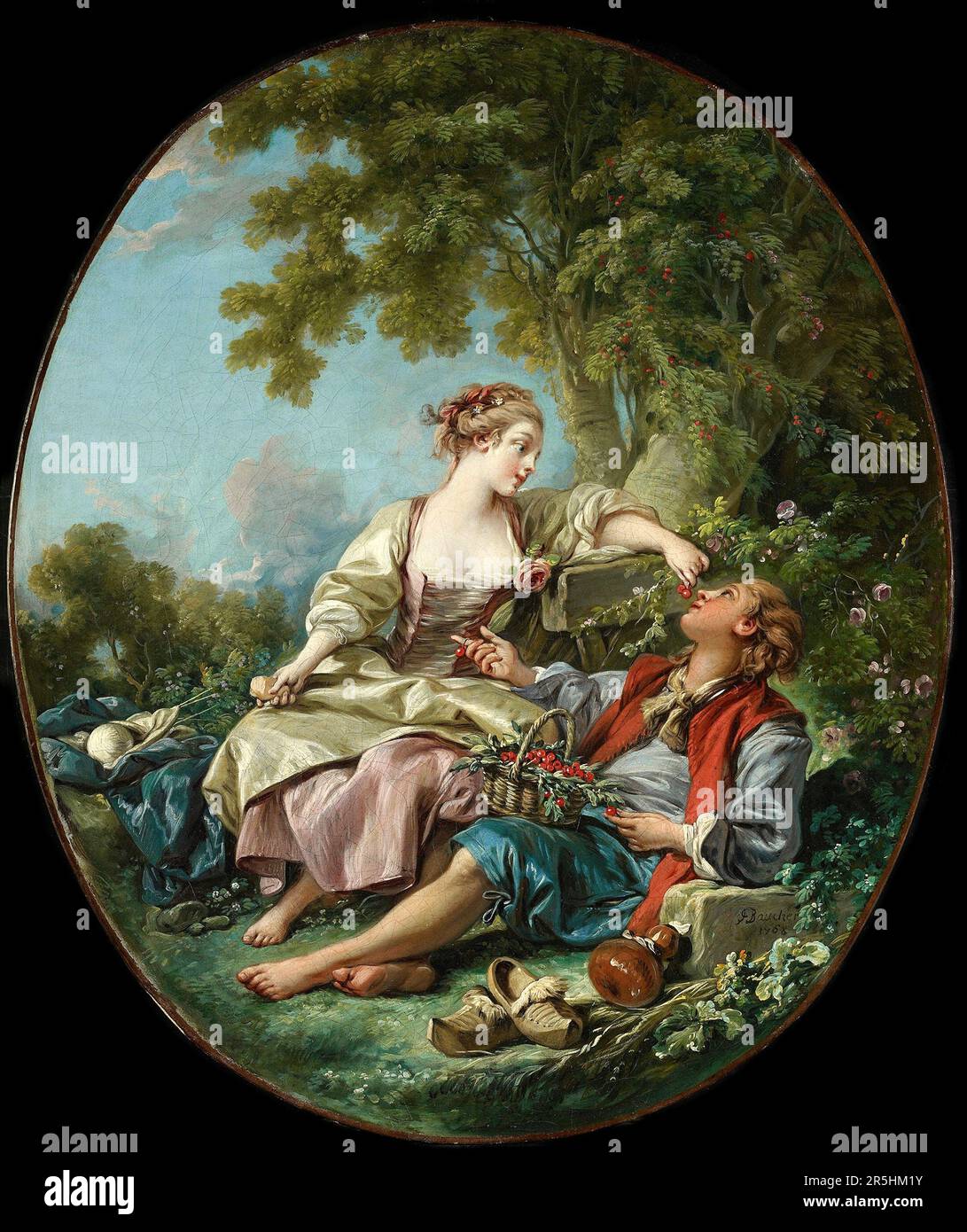 Les Sabots, gemalt 1768 von Francois Bouchard. Obwohl heute kaum bekannt, war Francois Boucher einer der berühmtesten Maler des 18. Jahrhunderts in Frankreich. Er malte klassische Themen im Barock- und Rokoko-Stil. Seine Schirmherrin war Madame de Pompadour, und sein Werk war so beliebt, dass er schließlich Premier Peintre du ROI (erster Maler des Königs) wurde, ein angesehener Gerichtsstand im Antiker-Regime. Stockfoto