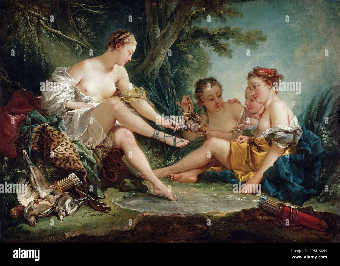 Diana kehrt von der Jagd zurück (gemalt von Francois Bouchard 1745. Obwohl heute kaum bekannt, war Francois Boucher einer der berühmtesten Maler des 18. Jahrhunderts in Frankreich. Er malte klassische Themen im Barock- und Rokoko-Stil. Seine Schirmherrin war Madame de Pompadour, und sein Werk war so beliebt, dass er schließlich Premier Peintre du ROI (erster Maler des Königs) wurde, ein angesehener Gerichtsstand im Antiker-Regime. Stockfoto