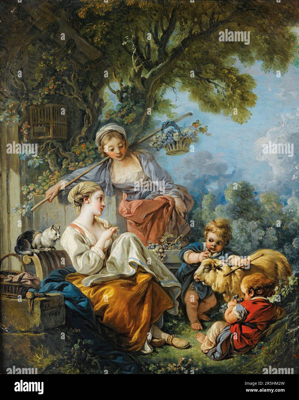 1767 von Francois Bouchard gemalte Pastoralszene. Obwohl heute kaum bekannt, war Francois Boucher einer der berühmtesten Maler des 18. Jahrhunderts in Frankreich. Er malte klassische Themen im Barock- und Rokoko-Stil. Seine Schirmherrin war Madame de Pompadour, und sein Werk war so beliebt, dass er schließlich Premier Peintre du ROI (erster Maler des Königs) wurde, ein angesehener Gerichtsstand im Antiker-Regime. Stockfoto