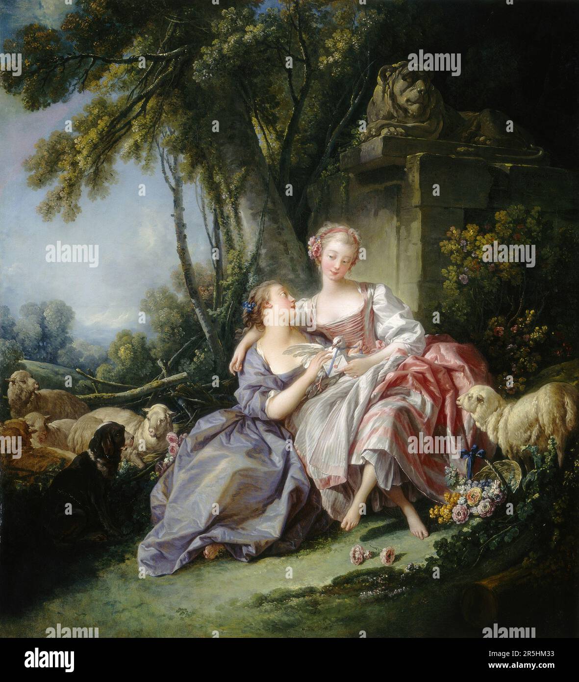 Der Liebesbrief, gemalt von Francois Bouchard 1750. Obwohl heute kaum bekannt, war Francois Boucher einer der berühmtesten Maler des 18. Jahrhunderts in Frankreich. Er malte klassische Themen im Barock- und Rokoko-Stil. Seine Schirmherrin war Madame de Pompadour, und sein Werk war so beliebt, dass er schließlich Premier Peintre du ROI (erster Maler des Königs) wurde, ein angesehener Gerichtsstand im Antiker-Regime. Stockfoto