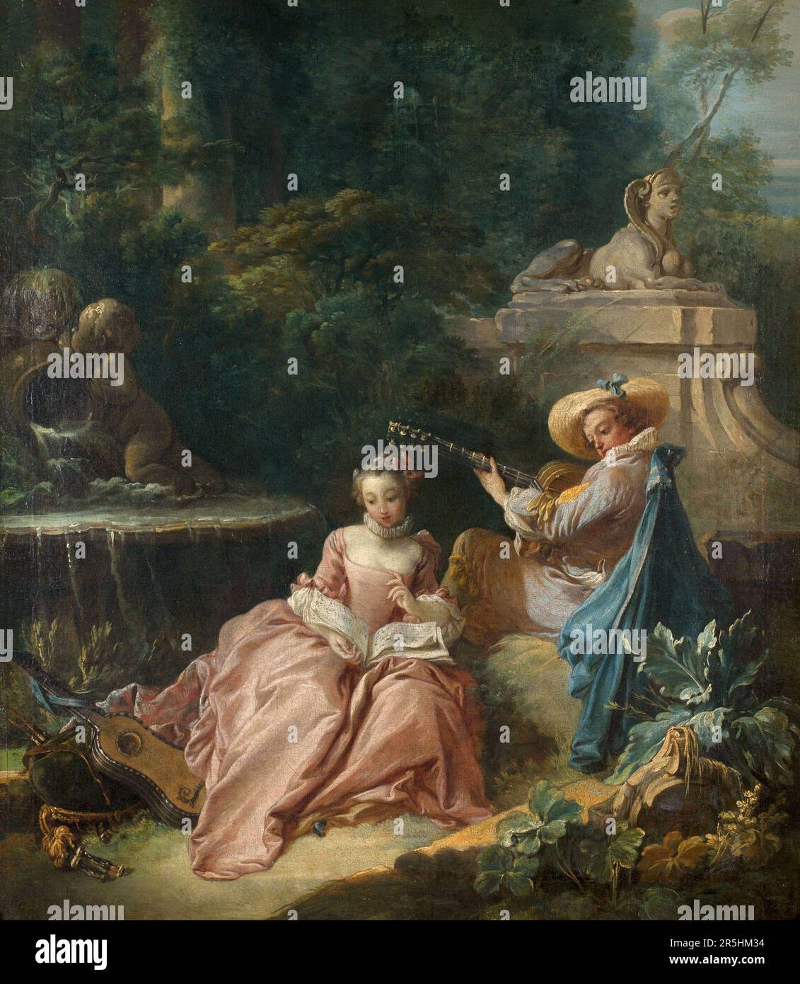 La Ledon de Musique, gemalt von Francois Bouchard. Obwohl heute kaum bekannt, war Francois Boucher einer der berühmtesten Maler des 18. Jahrhunderts in Frankreich. Er malte klassische Themen im Barock- und Rokoko-Stil. Seine Schirmherrin war Madame de Pompadour, und sein Werk war so beliebt, dass er schließlich Premier Peintre du ROI (erster Maler des Königs) wurde, ein angesehener Gerichtsstand im Antiker-Regime. Stockfoto