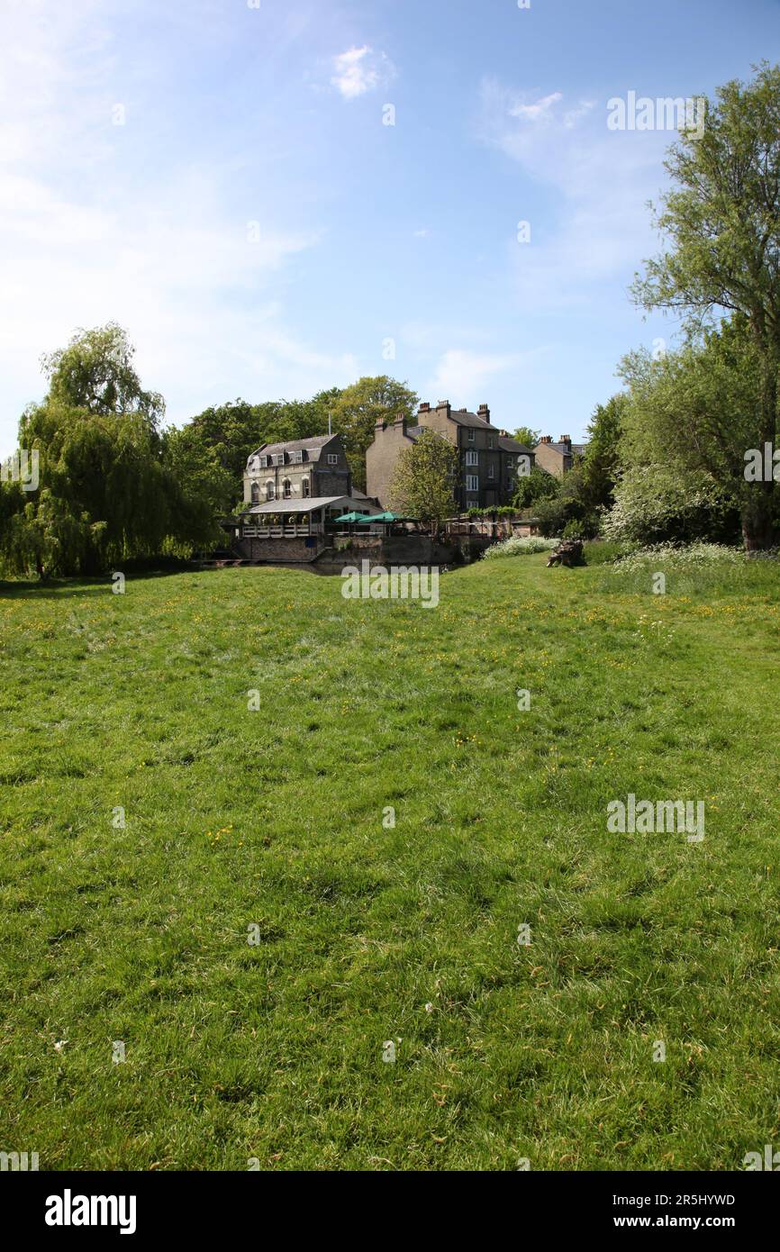 Wunderschöne grüne Wiese und Gebäude am Flussufer in Cambridge England Stockfoto