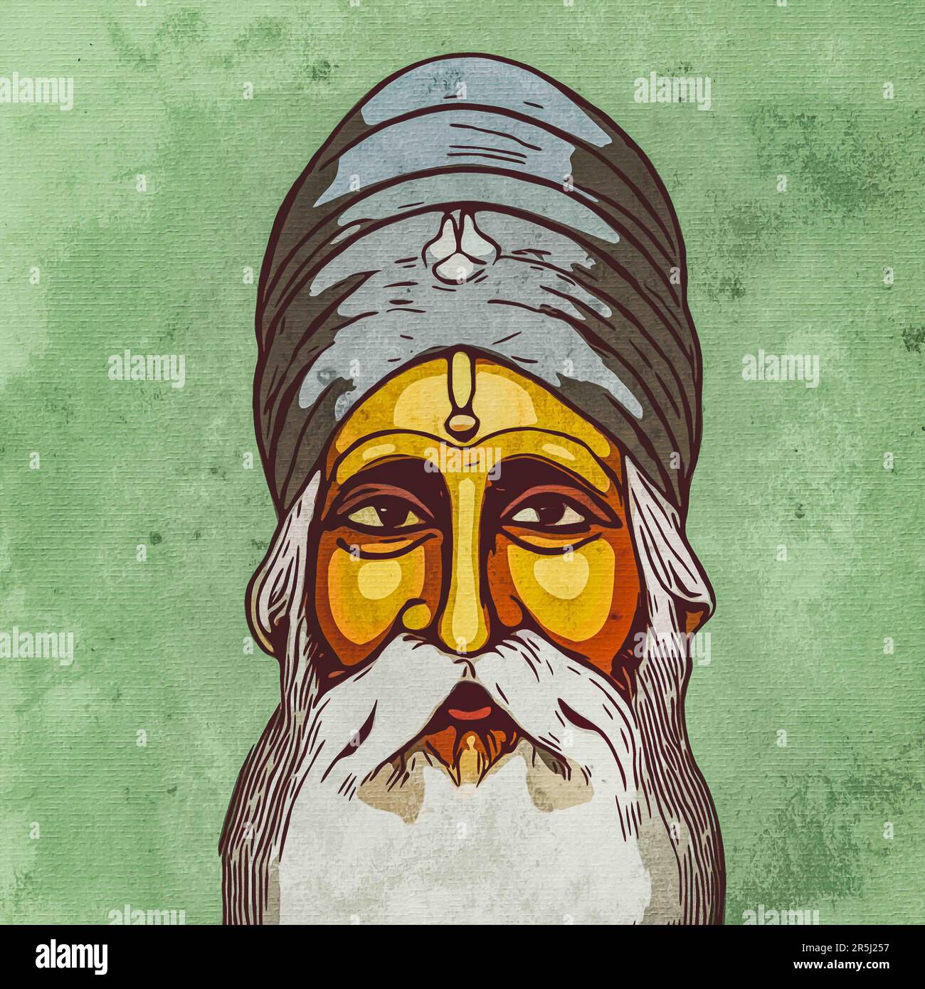Aquarellmalerei auf Leinwand. Guru Nanak, indischer religiöser Reformer, Gründer und erster Guru des Sikhismus. Stockfoto