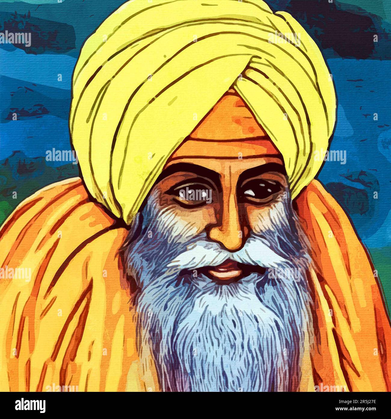 Aquarellmalerei auf Leinwand. Guru Nanak, indischer religiöser Reformer, Gründer und erster Guru des Sikhismus. Stockfoto