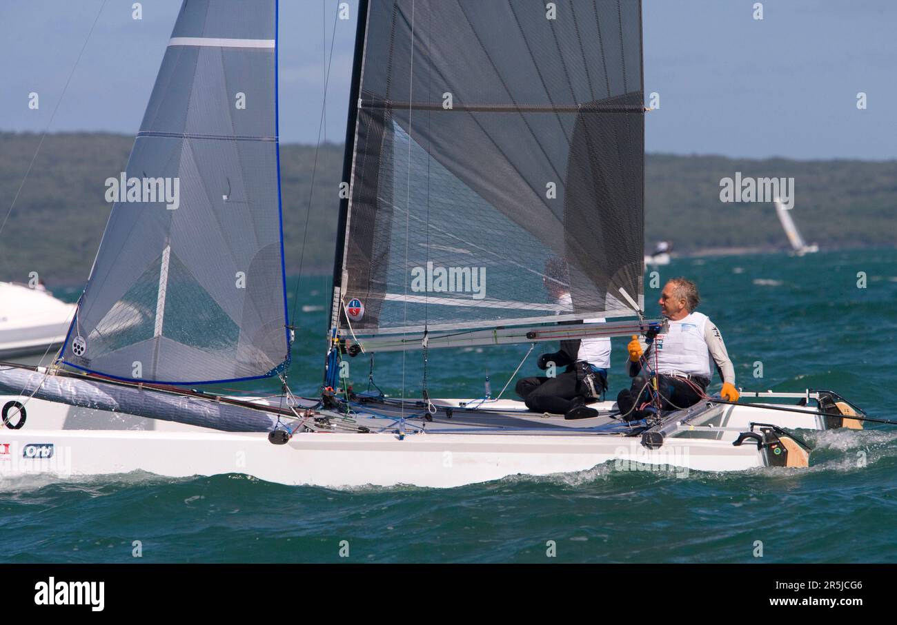 Neuseeländische Rex Sellers und Brett Sellers, die an den Tornado-Weltmeisterschaften 2008 teilnehmen, Takapuna, Auckland, Neuseeland, Dienstag, 26. Februar 2008. Stockfoto