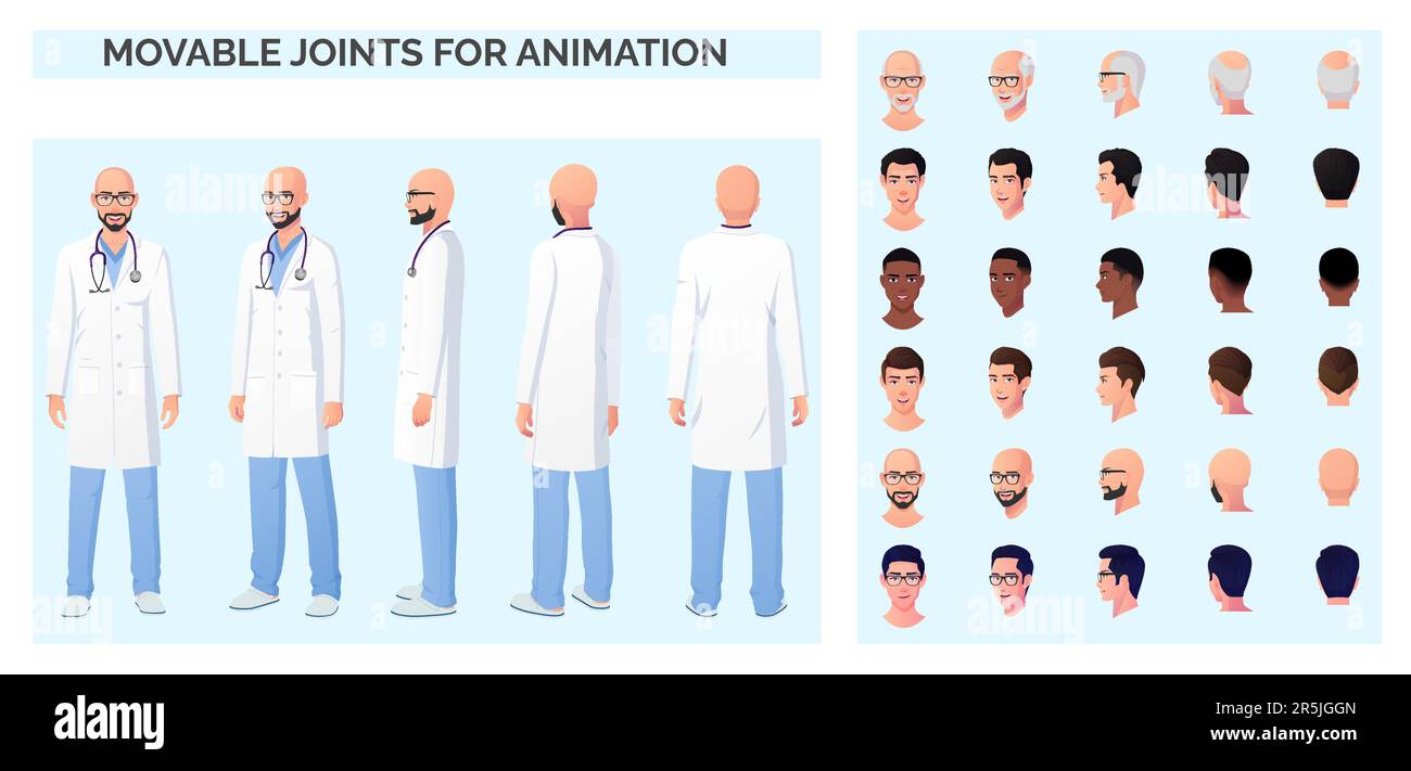 „Doctor Character Creation“ mit verschiedenen ethnischen Gruppen und Rassen, „man With White Lab-Coat“ und Stethoskop Stock Vektor