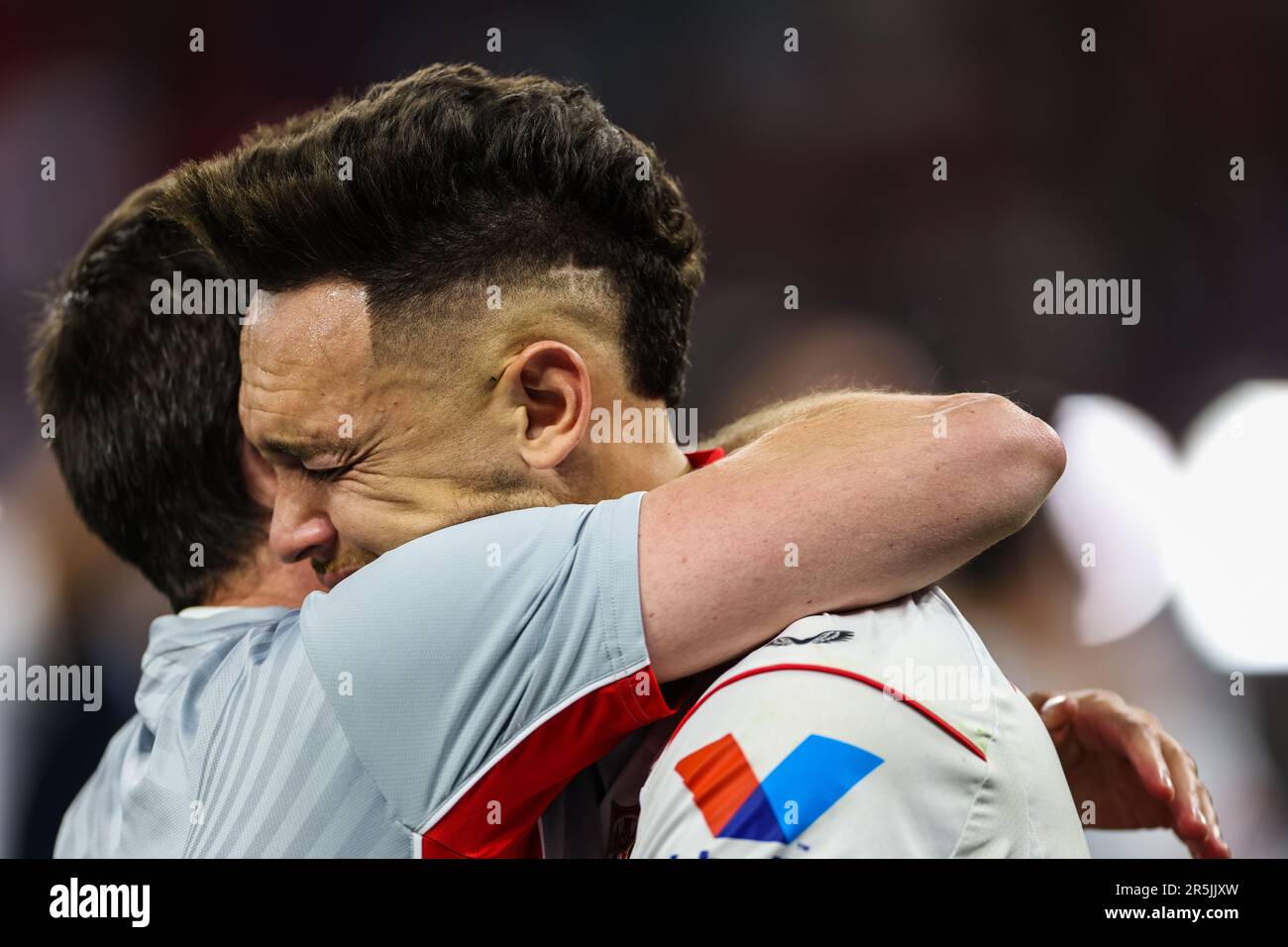 Sevillas argentinischer Stürmer Lucas Ocampos reagiert während des letzten Fußballspiels der UEFA Europa League zwischen dem FC Sevilla und ALS Roma in der Puskas Arena. Endstand: Sevilla 1:1 ALS Roma (Strafen 4:1). Stockfoto