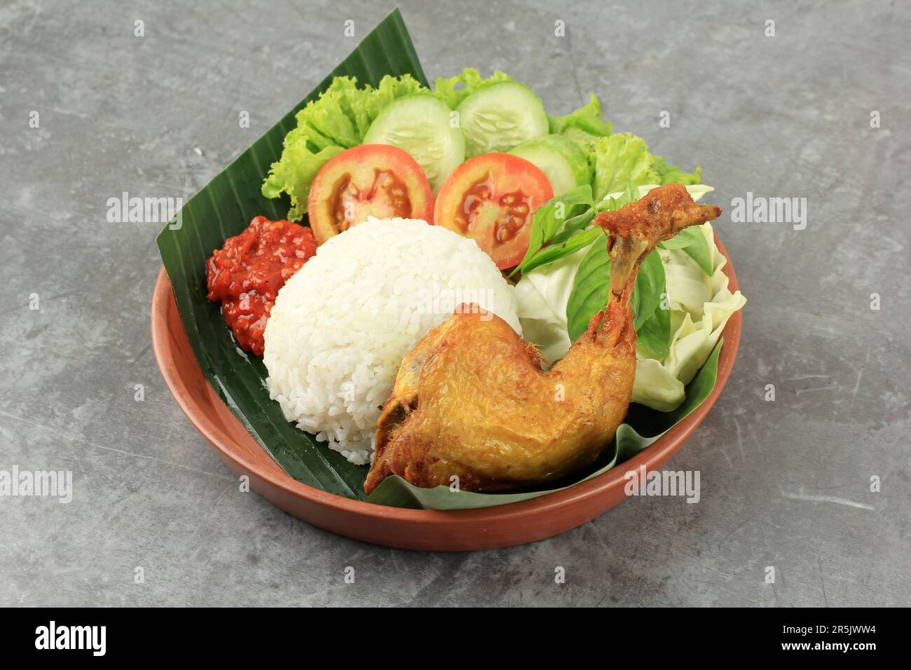 Pecel Ayam oder Nasi Ayam Goreng mit Sambal Terasi, gebratenem Chiken mit Reis und scharfer Sauce. Beliebtes Indonesisches Street Food Stockfoto