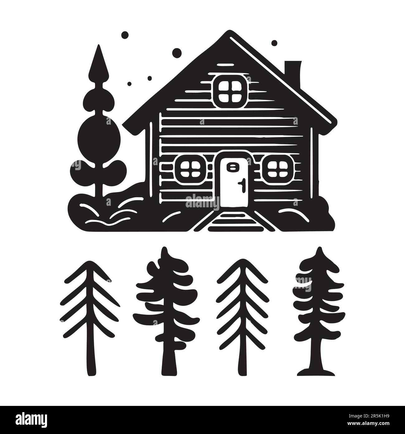 Eine Reihe von Vektordarstellungen für Holzhütten und Tannenbäume. Maskuline Outdoor-Reise im nordischen Linocut-Chalet in skandinavischer Urlaubsgruppe Stock Vektor