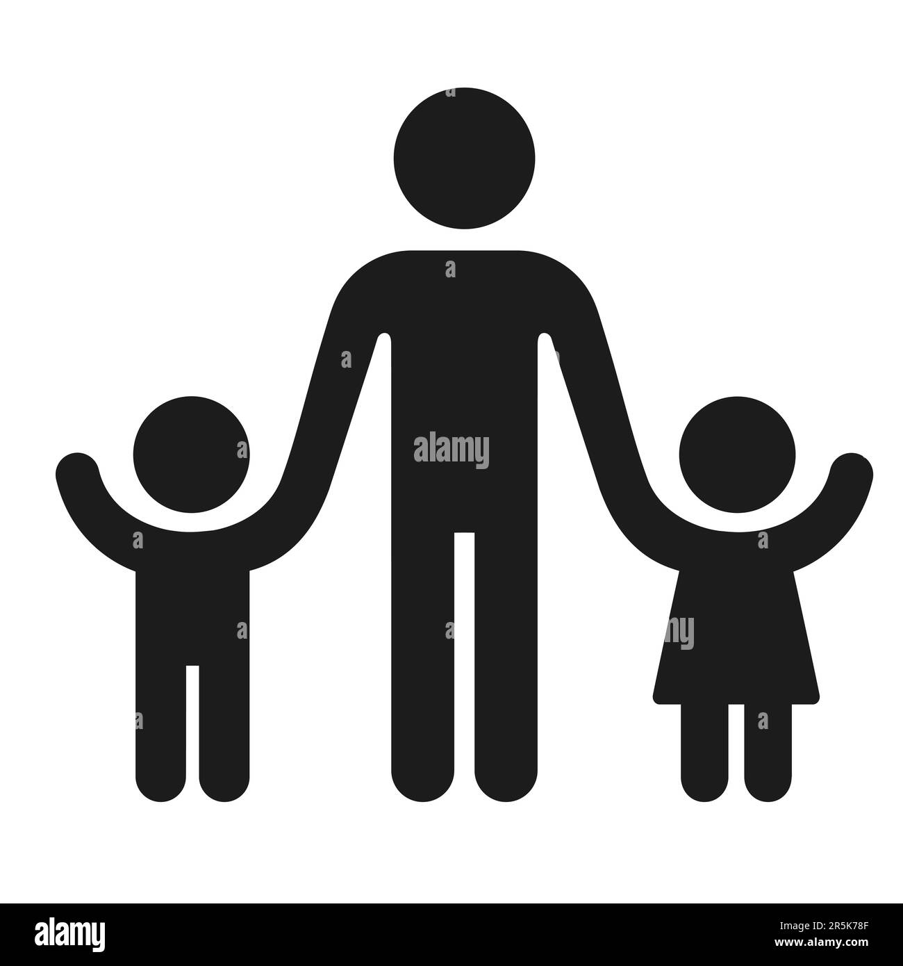 Ein Erwachsener mit Kindern hat eine Figur als Silhouette. Ein Mann, der Junge und Mädchen an den Händen hält. Ein Elternteil oder Vorschullehrer. Vektorsymbol. Stock Vektor