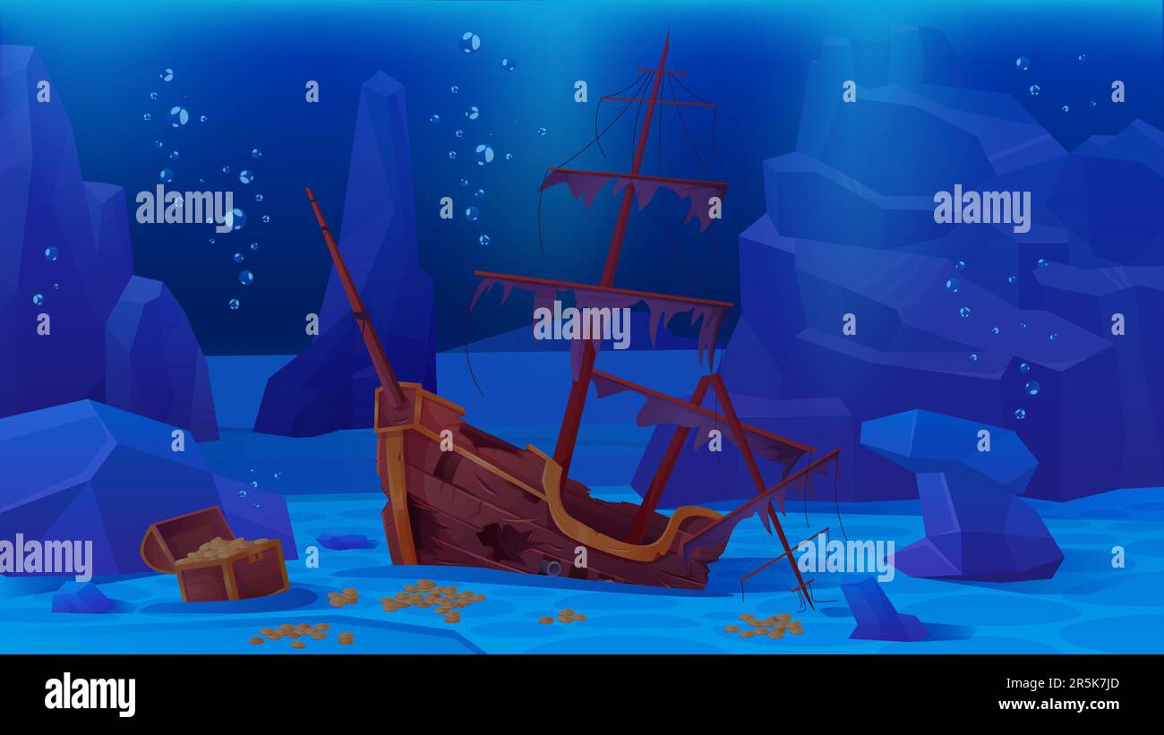 Gesunkenes Piratenschiff auf See oder Meeresboden-Vektordarstellung. Cartoon-Unterwasserspielszene mit Schiffswrack, Holzboot mit kaputtem Mast und Deck, Blasen in blauem Wasser und Goldschatz auf dem Meeresboden Stock Vektor