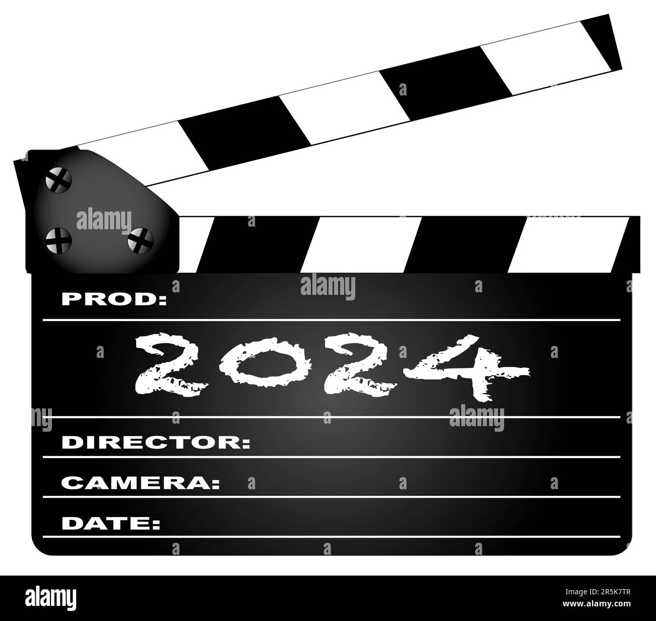 Ein typisches Filmklapperboard mit der Legende 2024 isoliert auf Weiß. Stockfoto