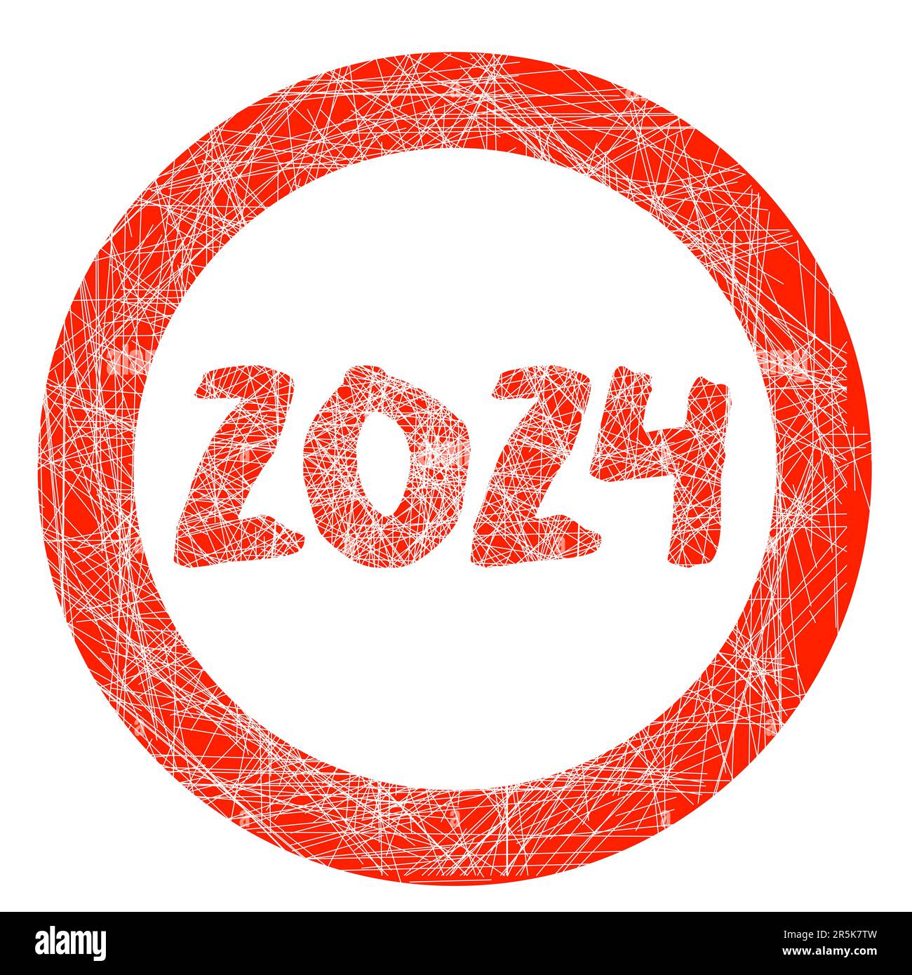 Ein roter Gummistempel mit dem Text 2024 auf weißem Hintergrund mit Grunge-Effekt Stockfoto