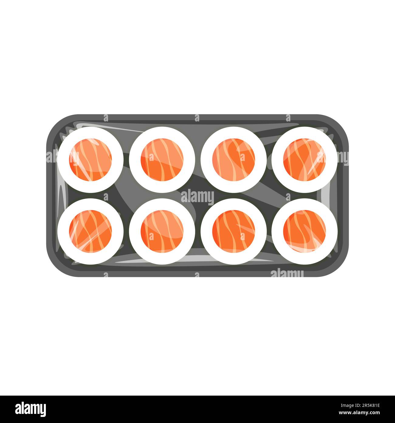 Vector-Sushi-Take-Away. Plastikbox mit japanischem Essen und Zellophan-Deckel. Draufsicht. Stock Vektor