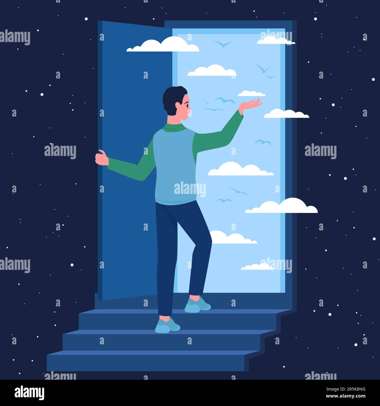Fantasie, Psychologie und Weg zu unbekannten Zukunftskonzepten Vektordarstellung. Ein Cartoon-Mann steht auf einer Treppe vor der offenen Tür zum Himmel, Schönheit des blauen Sommerhimmels mit Wolken im Inneren der Tür Stock Vektor