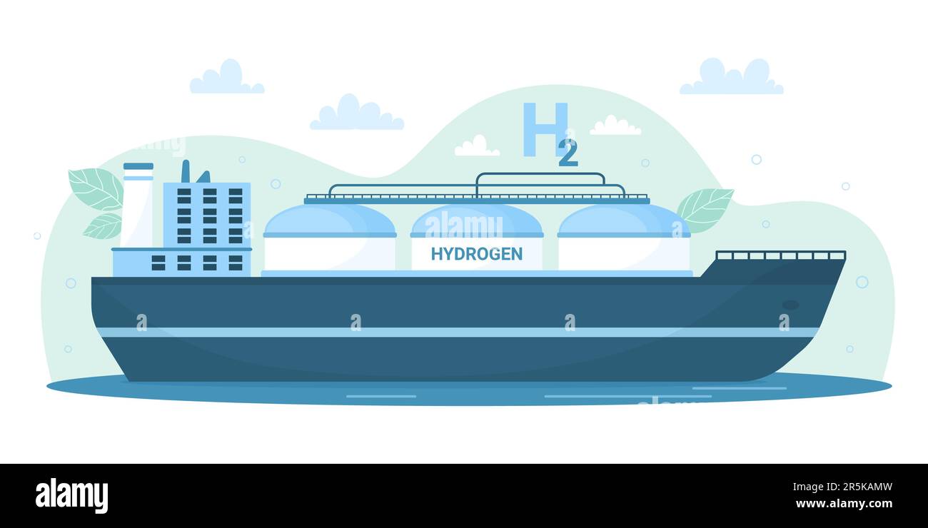 Vektordarstellung des grünen Wasserstoffschiffes. Cartoon-Transportboot mit H2-Tank, moderner Wasserstoffträger in Meeresgewässern, alternative umweltfreundliche Energie und nachhaltiger Transport von Kraftstoffquellen Stock Vektor