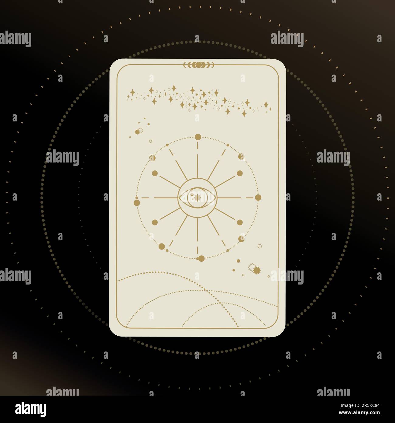 Goldene und weiße Tarotkarte mit einem magischen Auge auf schwarzem Hintergrund mit Sternen. Tarotsymbolik. Geheimnisvoll, Astrologie, esoterisch Stock Vektor
