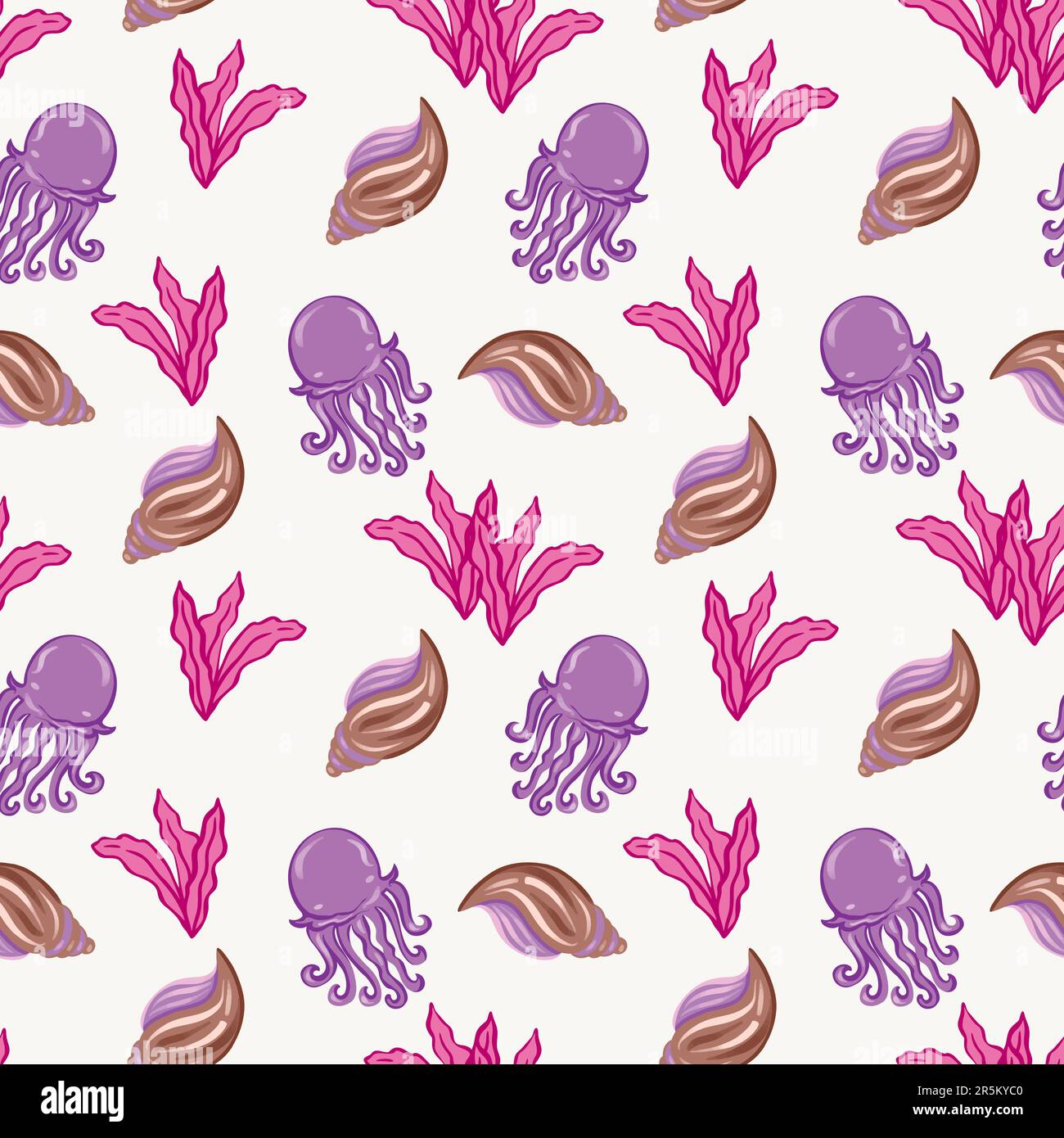 Muschel, Seetang, Quallen. Nahtloses Vektormuster im Marinethema. Deckblätter, Grußkarten, Banner, Geschenkpapier, Textilien, Kinderkleidung Stock Vektor