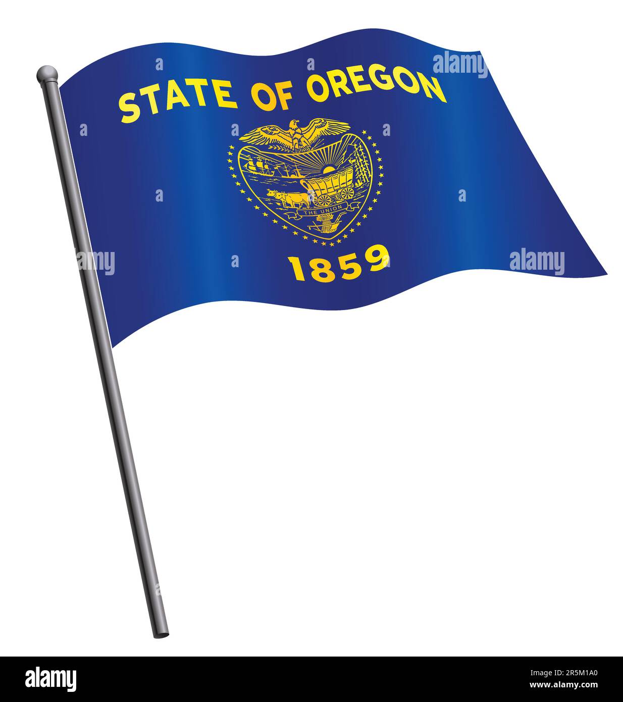 Präzise korrekte oregon- oder Staatsflagge, die auf einem Flaggenmast-Vektor auf weißem Hintergrund wackelt Stock Vektor