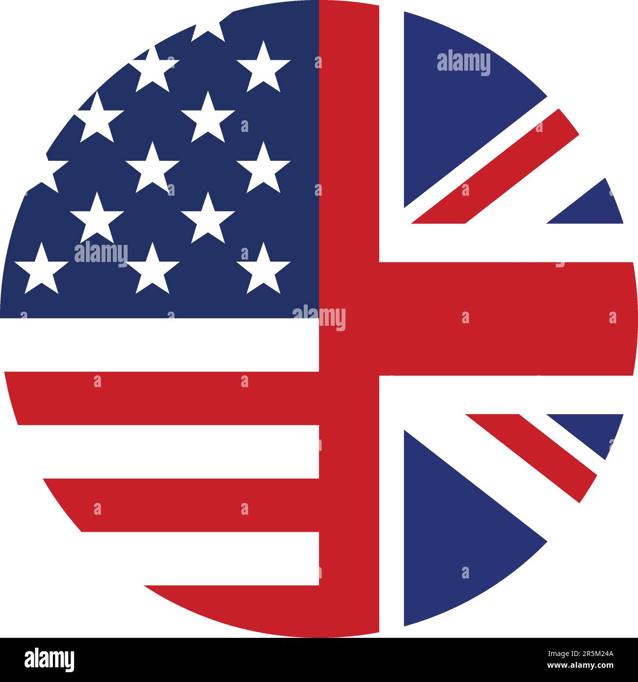 USA- und UK-Flaggen kombiniert symbolkreisvektor in englischer Sprache isoliert auf weißem Hintergrund Stock Vektor