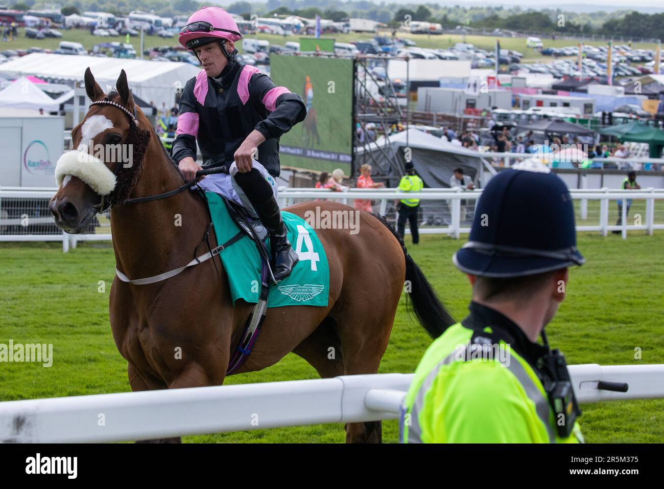 Epsom, Großbritannien. 3. Juni 2023. Ein Rennpferd und Jockey-Pass auf der Rennbahn Epsom Downs hinter einem Sussex Police Officer am Tag des Epsom Derby. £150.000 wurden für zusätzliche Sicherheitsmaßnahmen ausgegeben, um einem geplanten Protest von Aktivisten von Animal Rising entgegenzuwirken, die Pferderennen als grausame und ausbeuterische Industrie ansehen. Die Polizei von Surrey berichtete, dass 31 Verhaftungen vorgenommen wurden, einschließlich 19 präventiven Verhaftungen. Kredit: Mark Kerrison/Alamy Live News Stockfoto