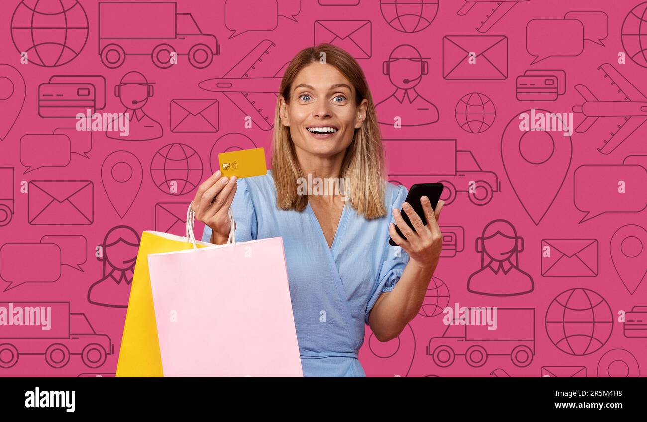 Aufgeregte Frau, die online einkauft, telefoniert, Collage benutzt Stockfoto