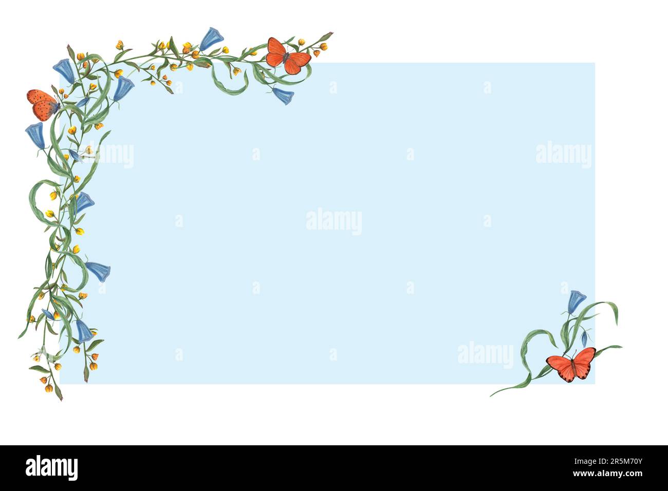 Aquarelle Blumen, Schmetterlinge isoliert auf weißem Hintergrund mit blauem Rahmen für Text. Festliche Pflanzen mit Textbereich für Geburtstagskarten Stockfoto
