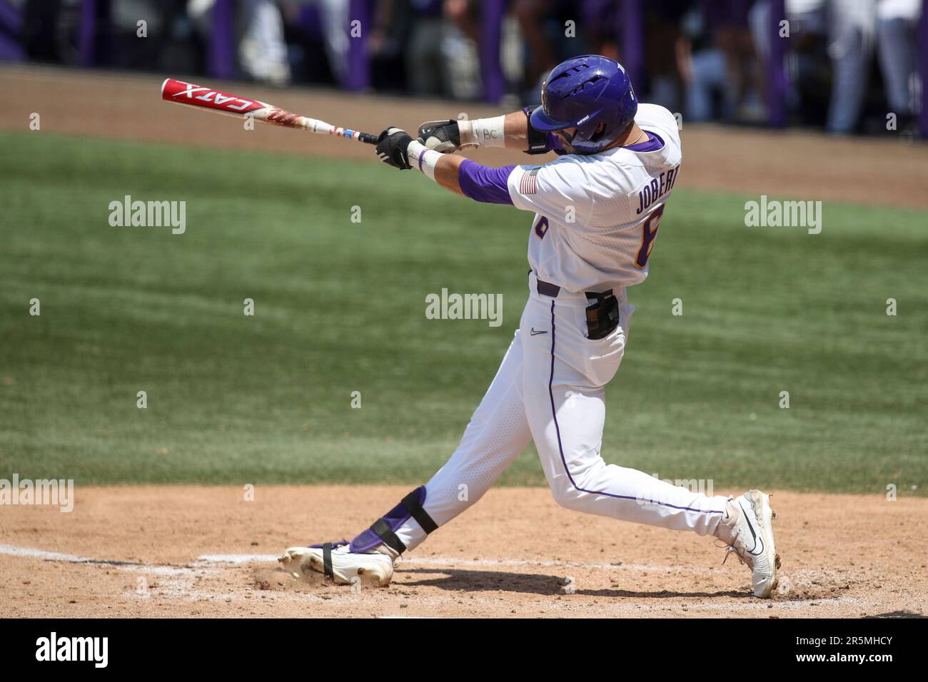 June 4, 2023 LSU's Brayden Jobert (6) drives a ball to the outfield during NCAA Baseball