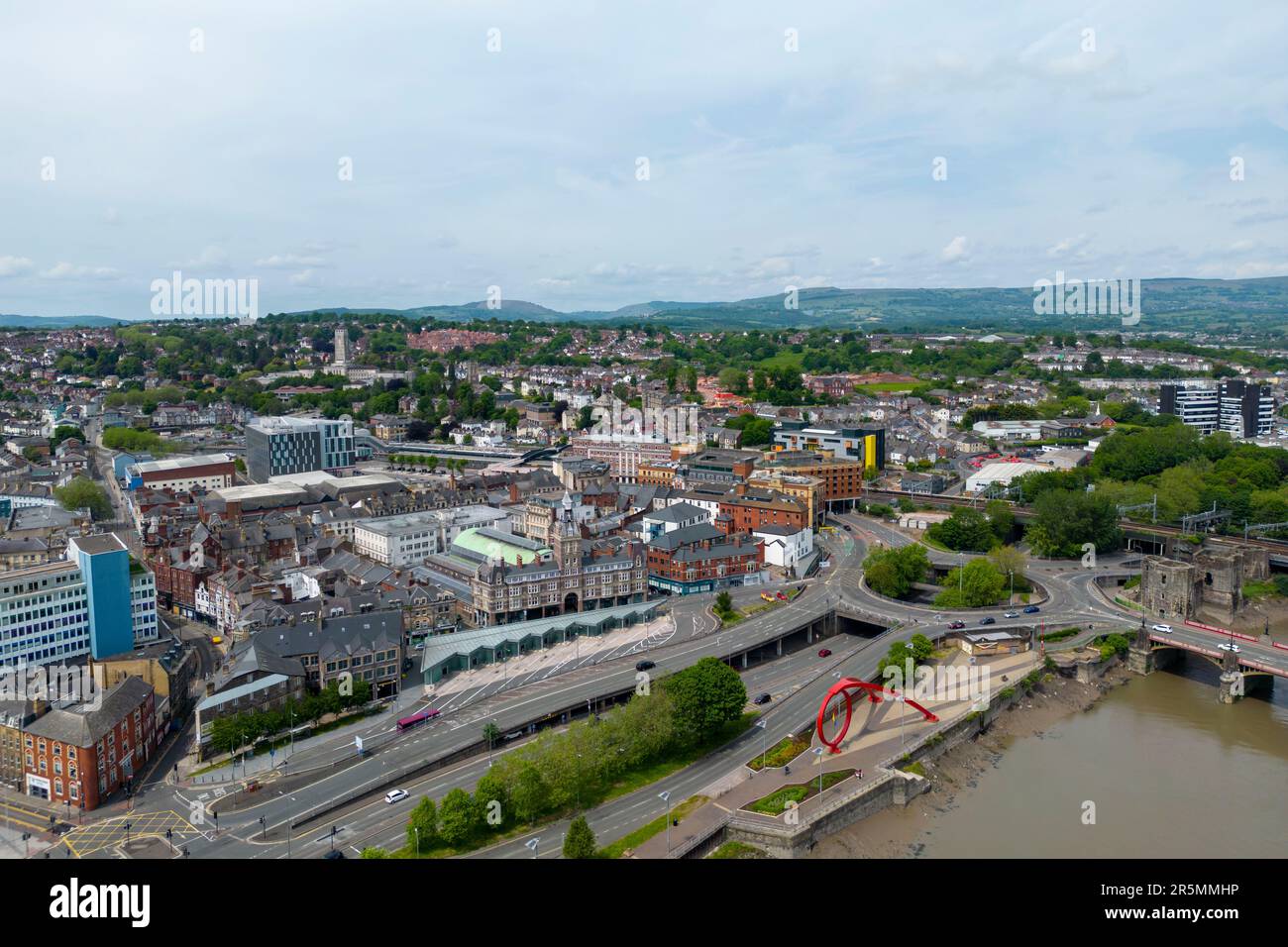 Luftaufnahme von Newport, Südwales, Newport Market, Stadtzentrum und Busbahnhof. Stockfoto