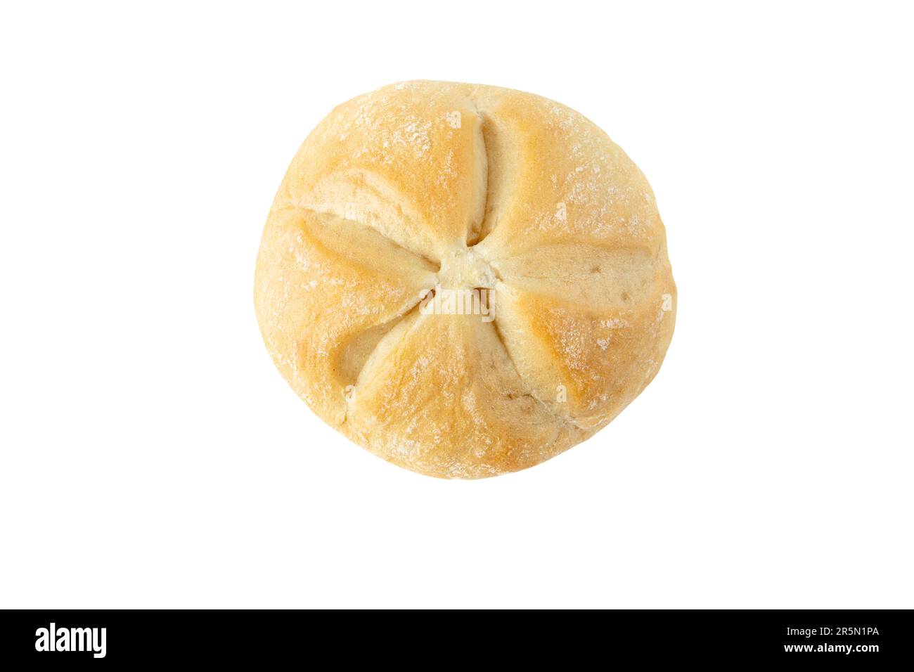 Kaiser Brötchen mit von der Mitte ausstrahlenden Schnitten, isoliert auf weißer Draufsicht. Weizenbrötchen. Backwaren. Rundes Brot. Stockfoto