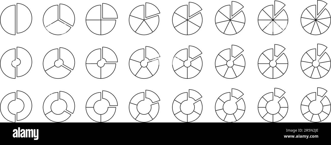 Ringdiagramm und Tortendiagramm mit geschnittenen Segmenten. Rad- und Kreisdiagramme mit Set. Sammlung der Gliederungsabschnitte. Von 2 bis 9 Segmenten von Infografiken. Verschiedene Phasen und Phasen des Zyklus. Vektorpaket Stock Vektor