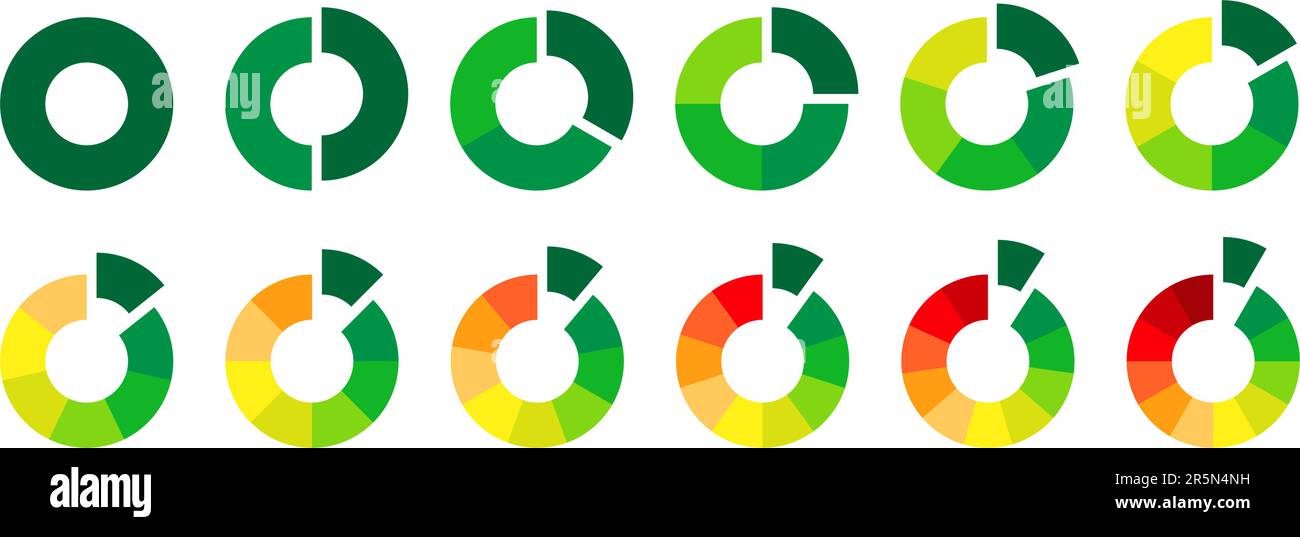 Mehrfarbige Donut-Schnitte. Raddiagramme mit Schnitt. Infografik - Runde Elemente festgelegt. Packung mit 1 bis 12 Schichten und Sektoren. Balkenphasen und Zyklusphasen verarbeiten. Vektor Stock Vektor