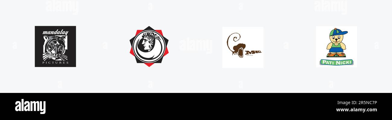 Mit dem Logo von zi Nicki, dem Logo von Mandalay Pictures, dem Logo von MalachiDesigns, dem Logo VON MAKI ontwerp en illustratie, dem Logo von Editorial Vector auf weißem Papier. Stock Vektor