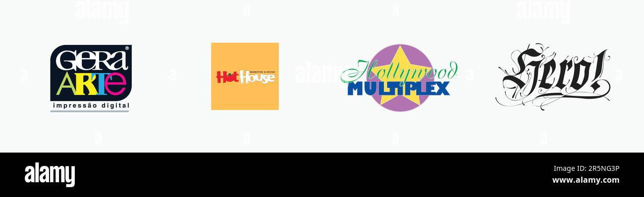 Hot House Logo, Hollywood Multiplex Logo, Hero! Logo, GeraArte Impressão Digitales Logo, Editorial Vector Logo auf Whitepaper. Stock Vektor