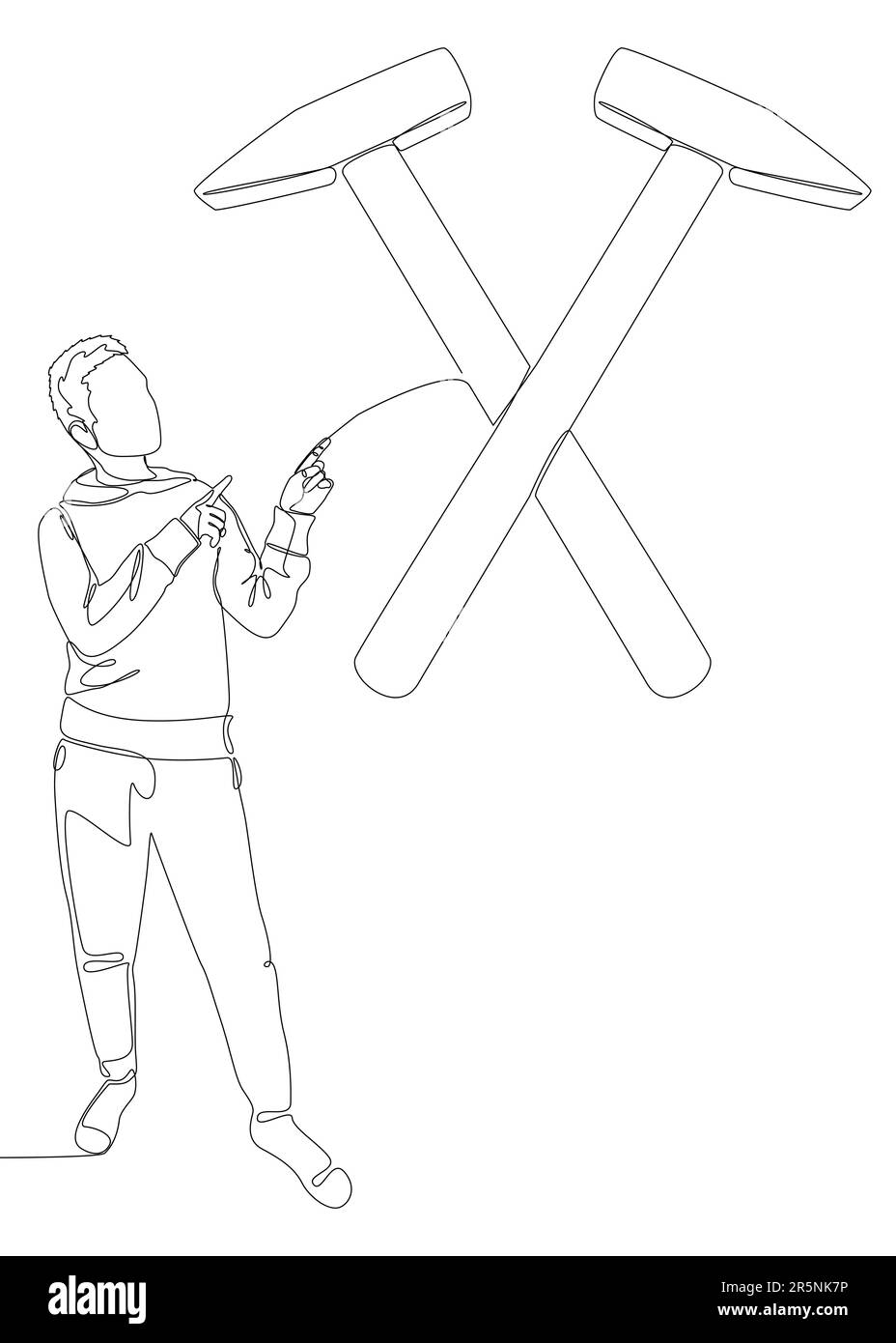 Eine durchgehende Linie von Mann, der mit dem Finger auf Hammer zeigt. Vektormodell für dünne Linien. Konturzeichnung kreative Craftsperson-Idee Stock Vektor