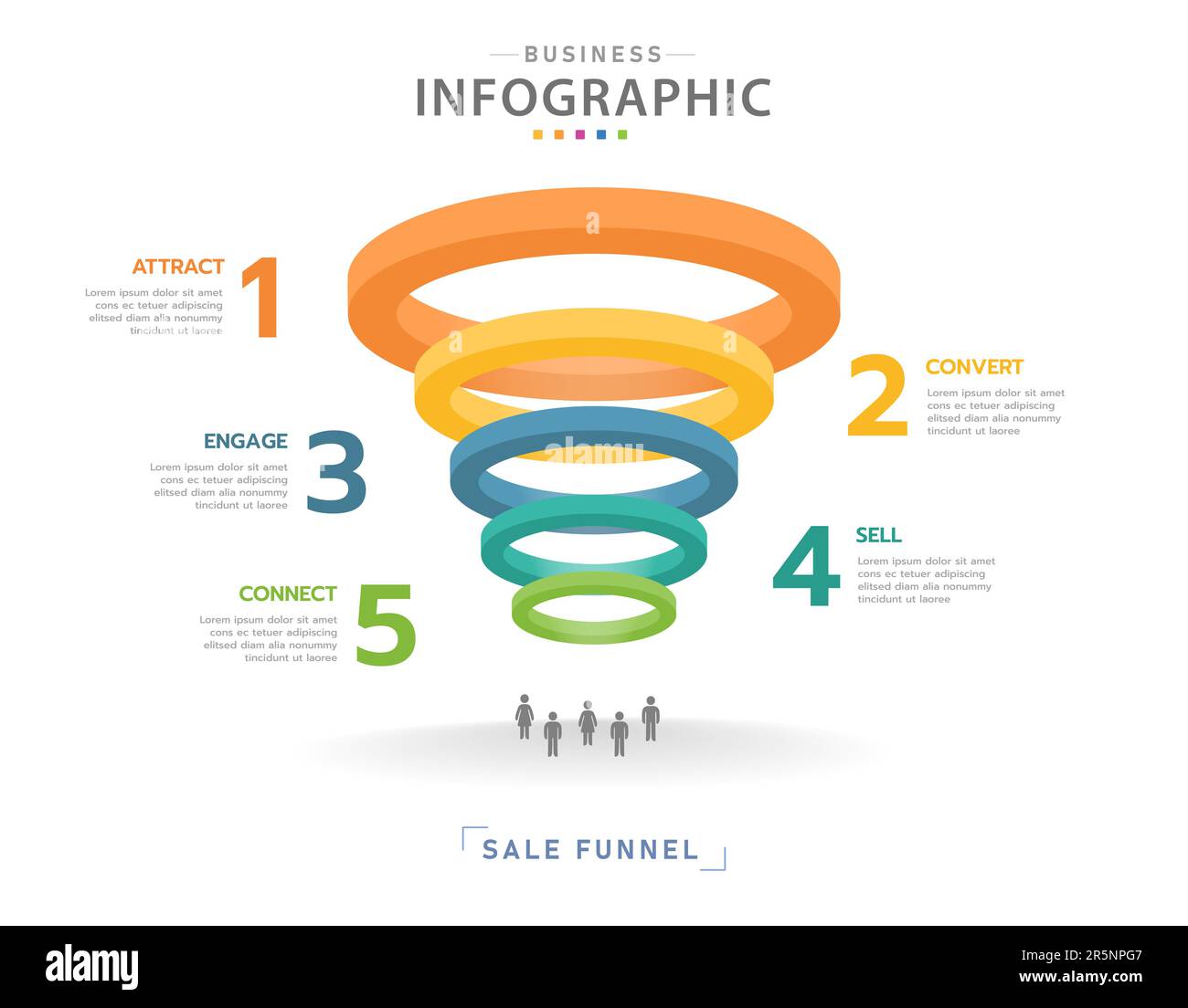 Infografik-Vorlage für Unternehmen. 5-stufiges Modern Circle Vertriebstrichter-Diagramm, Präsentationsvektor-Infografik. Stock Vektor