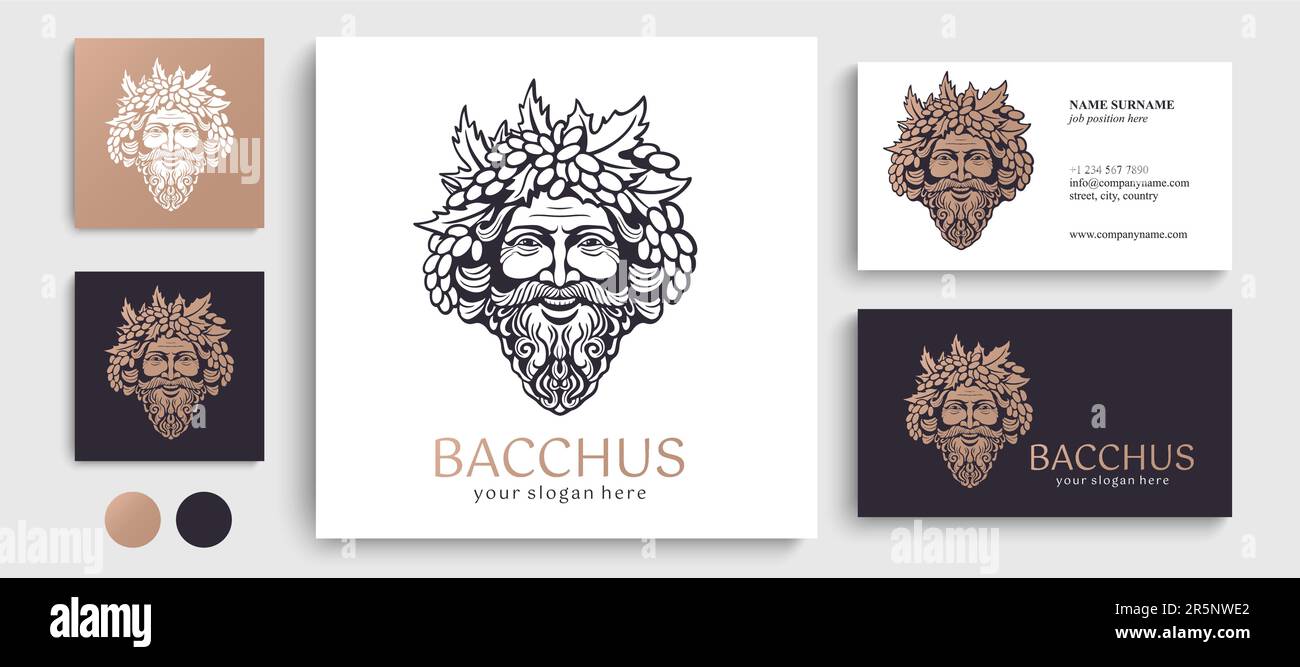 Logo Bacchus oder Dionysus. Männerface-Logo mit Traubenbeeren und Blättern. Ein Stil für Winzer oder Brauer. Schild für Bar und Restaurant. Modernes Logo Stock Vektor