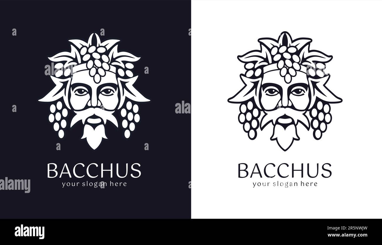 Logo Bacchus oder Dionysus. Männerface-Logo mit Traubenbeeren und Blättern. Ein Stil für Winzer oder Brauer. Schild für Bar und Restaurant. Modernes Logo Stock Vektor