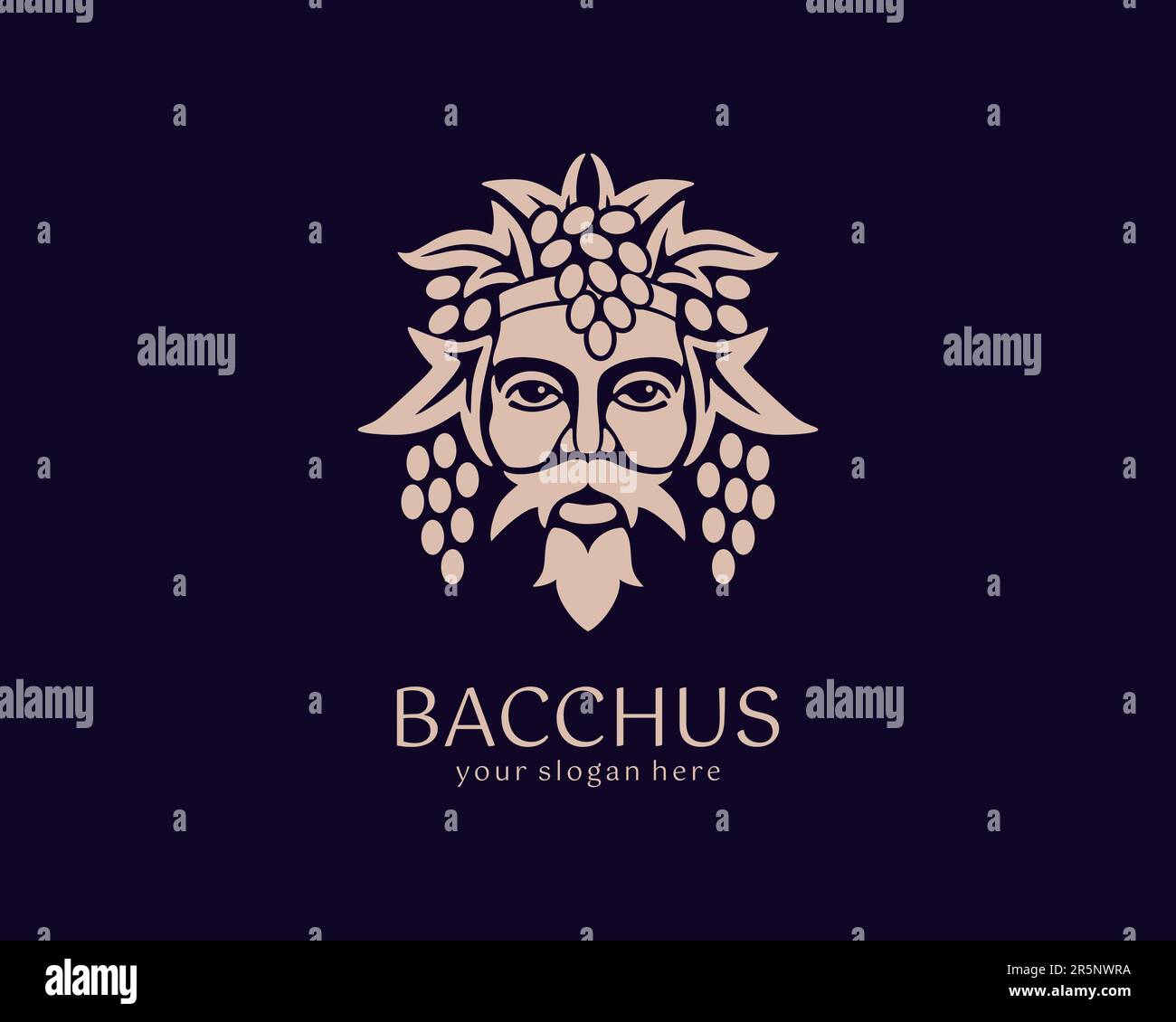 Logo Bacchus oder Dionysus. Männerface-Logo mit Traubenbeeren und Blättern. Ein Stil für Winzer oder Brauer. Schild für Bar und Restaurant. Modernes Logo Stock Vektor