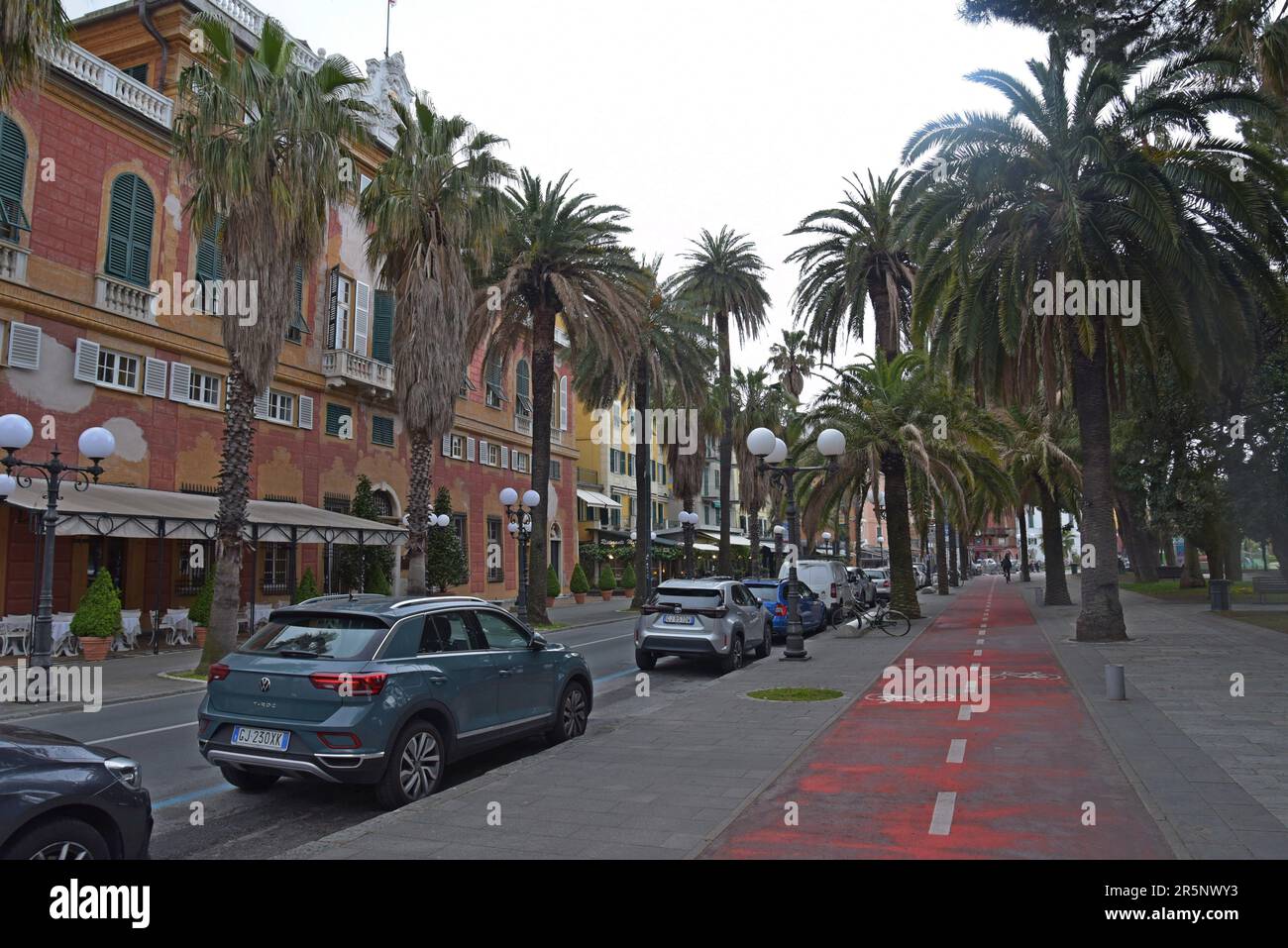 Eine palmengesäumte Straße in der historischen Stadt Sestri Levante, Ligurien, Italien, April 2023 Stockfoto