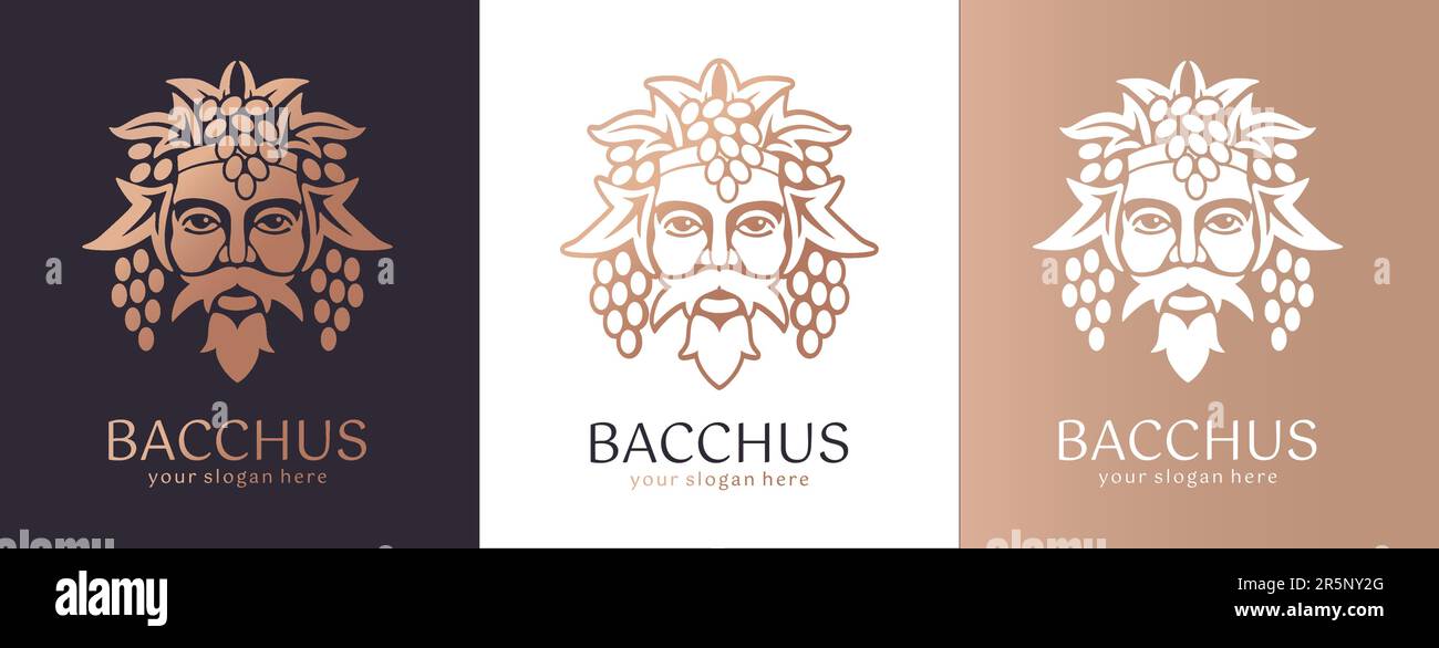 Logo Bacchus oder Dionysus. Männerface-Logo mit Traubenbeeren und Blättern. Ein Stil für Winzer oder Brauer. Schild für Bar und Restaurant. Modernes Logo Stock Vektor