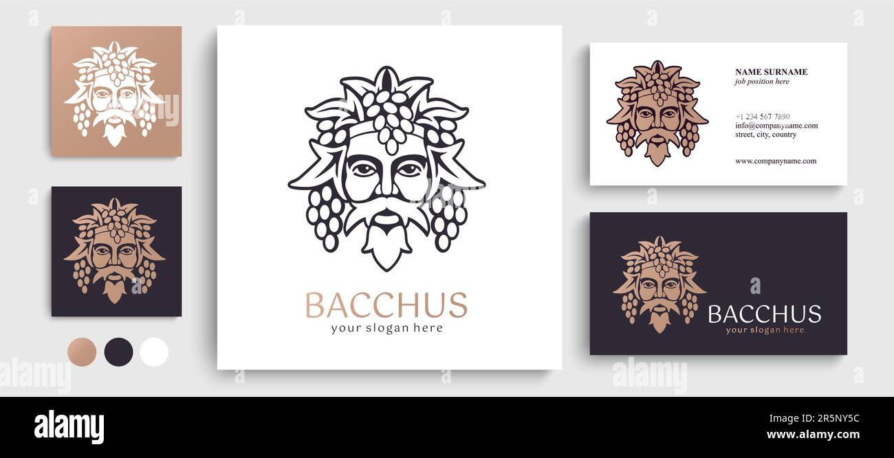 Logo Bacchus oder Dionysus. Männerface-Logo mit Traubenbeeren und Blättern. Ein Stil für Winzer oder Brauer. Schild für Bar und Restaurant. Modernes Logo Stock Vektor