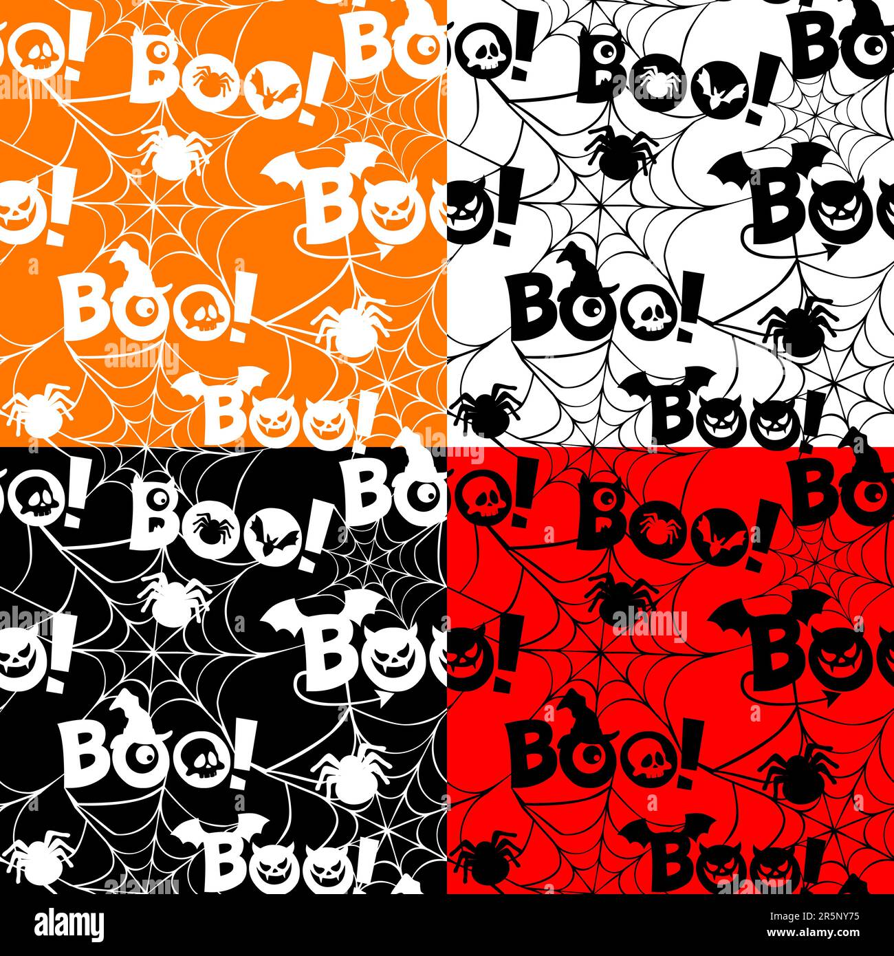 Stelle ein nahtloses Muster mit Text Boo, Spinnennetz, Augen, Schädel ein. Flaches Design. Einfache halloween-Symbole Stock Vektor