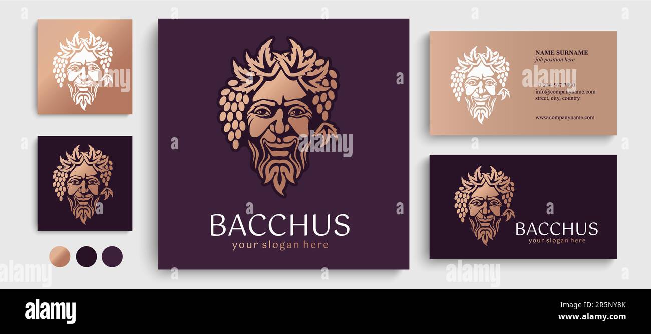 Logo Bacchus oder Dionysus. Männerface-Logo mit Traubenbeeren und Blättern. Ein Stil für Winzer oder Brauer. Schild für Bar und Restaurant. Modernes Logo Stock Vektor