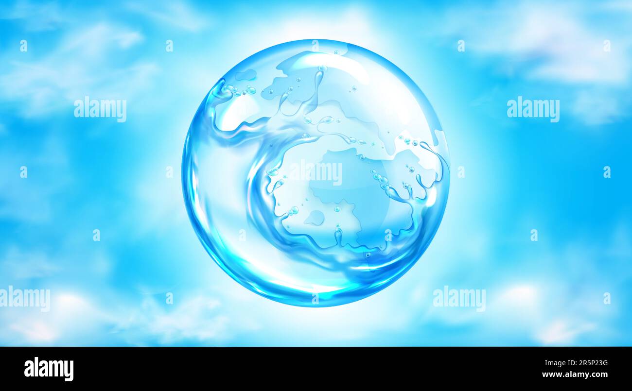 Wasserkugel auf blauem Himmelshintergrund mit weißen Wolken. Schonen Sie die Wasserressourcen des Planeten, und schützen Sie die Erde und die Umwelt. Flüssiger Spritzkugel mit Tropfen, realistische 3D-Vektordarstellung Stock Vektor