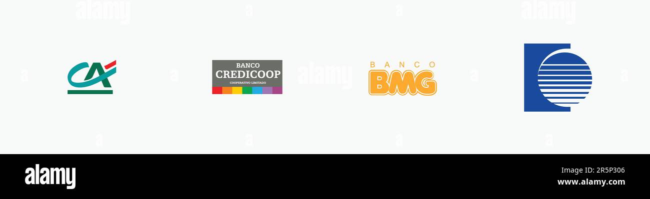BANCO BMG Logo, CREDIT AGRICOLE Logo, ICB BANKING GROUP Logo, BANCO CREDICOOP Logo, Editorial Vector Logo auf Whitepaper. Stock Vektor