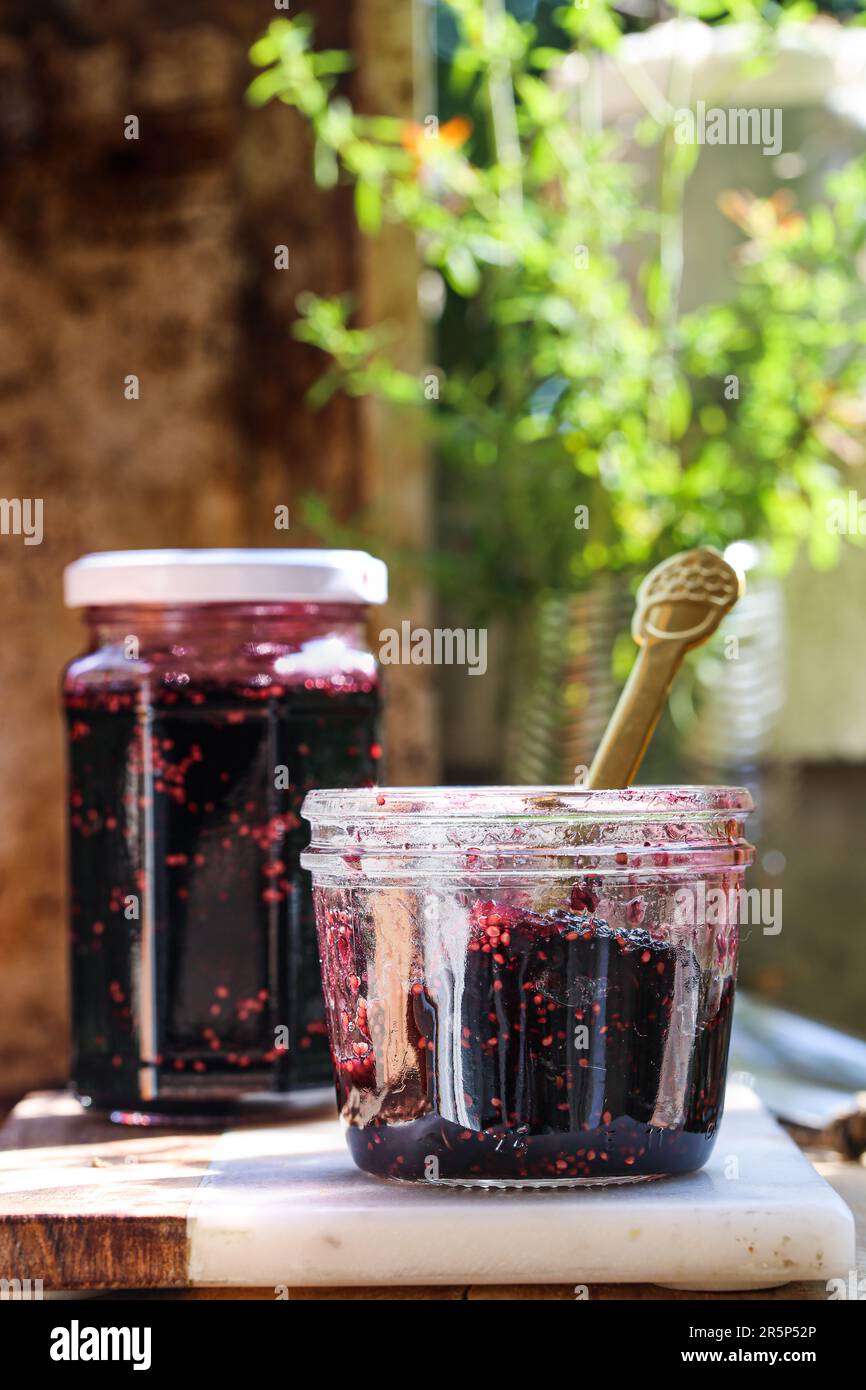 Gläser mit traditioneller rumänischer, hausgemachter schwarzer Maulbeermarmelade. Stockfoto