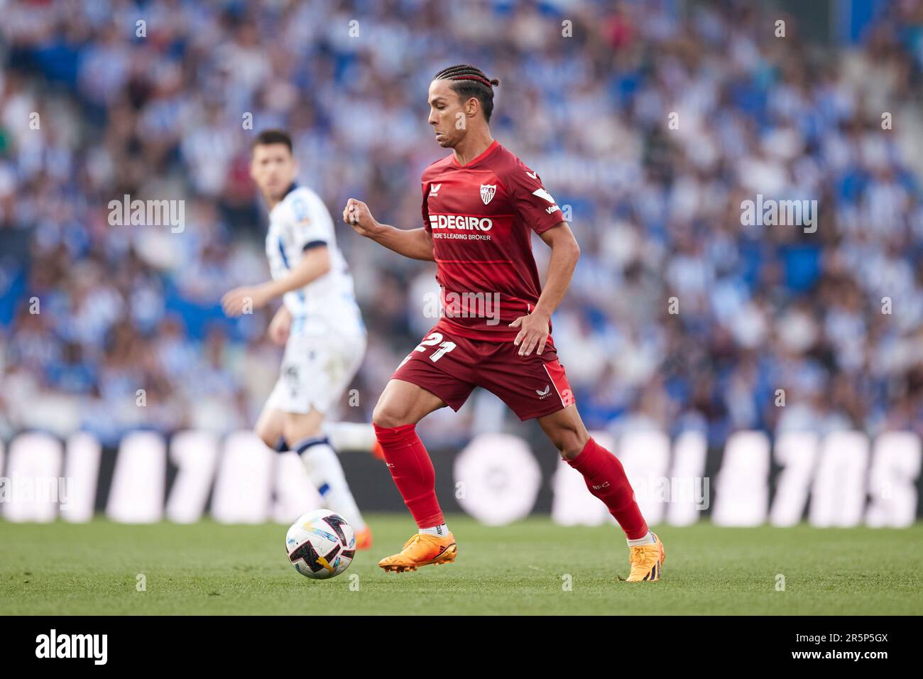 Oliver Torres vom FC Sevilla während des Fußballspiels der spanischen Meisterschaft La Liga zwischen Real Sociedad und dem FC Sevilla am 4. Juni 2023 in der reale Arena in San Sebastian, Spanien – Foto: Ricardo Larreina/DPPI/LiveMedia Stockfoto