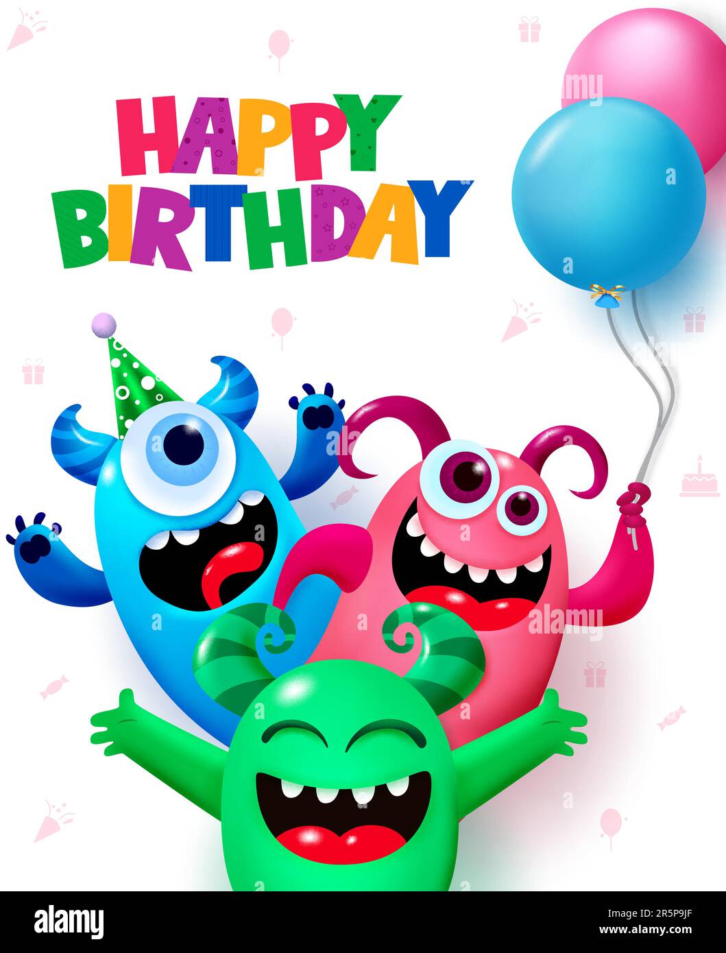 Vektordesign für MonsterCharaktere. Happy birthday Text with happy and