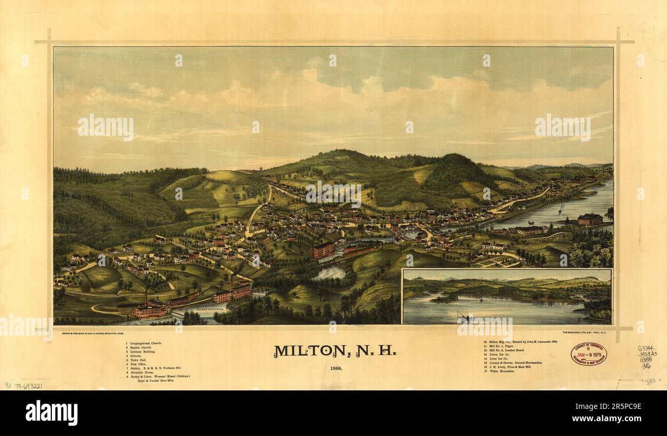 KARTE Milton, N.H., 1888-Perspektivenkarte nicht maßstabsgetreu gezeichnet. Handfarbig. Vogelperspektive. LC-Panoramakarten Stockfoto
